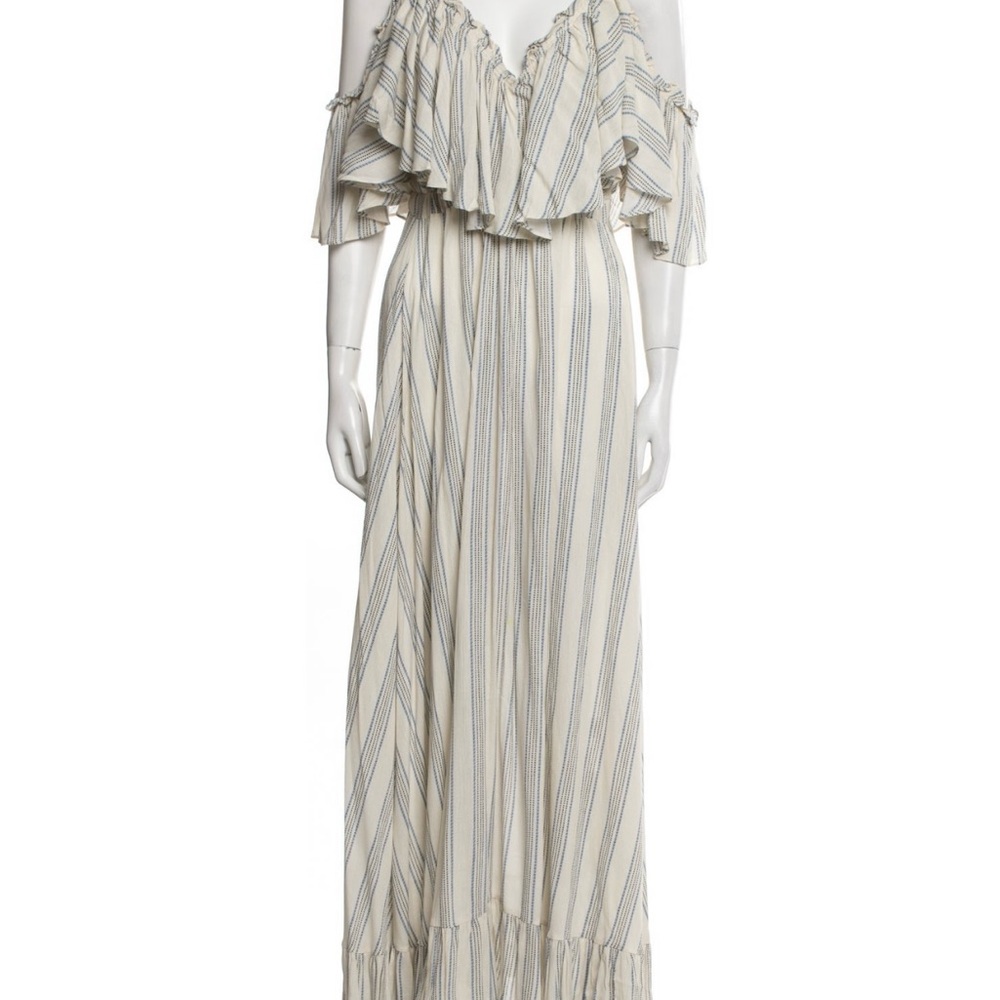 Misa Los Angeles Cream and Blue Ruffled Off-Shoulder Maxi Dress